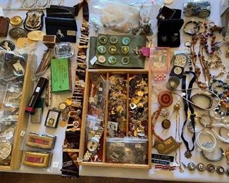 hundreds of pins, tie bars, some women's jewelry, some gold and silver.