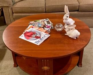 Stickley Round Coffee Table.  This furniture is truly amazing, all hand-made.  Love the shelf below the top for storage of games or magazines.
