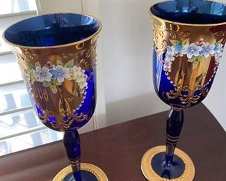 Hand Painted, Hand Blown Gold Cobalt Blue Wine Goblets Bohemian 