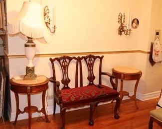 Pair of Side Tables and Settee with Pair of Sconces and Lamp