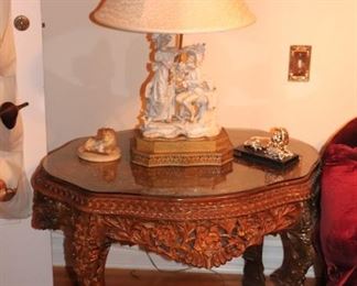 Carved Occasional Table with Vintage Lamp and Lion Figurines