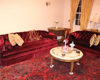 Velvet Sofa and Love Seat with Coffee and Side Tables