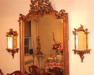 Over-Sized Gold Leaf Mirror and Pair of Sconces