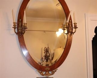 Oval Mirror with Pair of Sconces