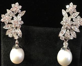 Diamond and pearl drop earrings with convertible drops- can be worn without any drop- with the pearls or with aqua and diamond drops.