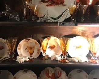 Lobster themed plates and serving pieces.