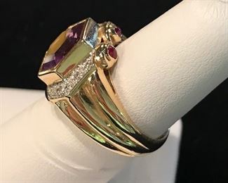 Amethyst, diamond and ruby cabachon ring