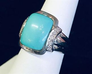 Turquoise and diamonds set in 14kt white gold ring. Now 697.50