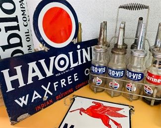 Dozens of Gas & Oil porcelain signs and memorabilia. Havoline WaxFree Oil