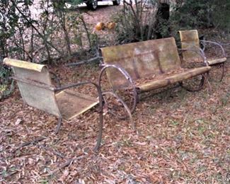 Great find.  Excellent condition.  Very old metal glider with 2 matching chairs.  Ready for sandblasting and paint!
