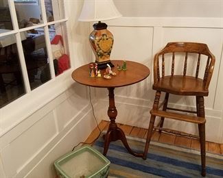Round lamp table, Old  youth chair, jardiniere, etc.