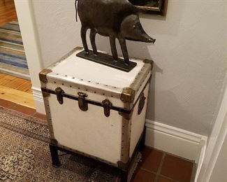 Trunk on stand, metal 'pig art'