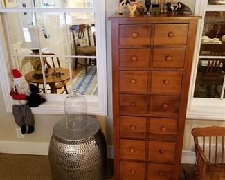 Ethan Allen tall lingerie chest, patinated metal covered vessel, etc.