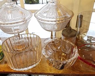 Antique covered glass compotes, and crystal bowls