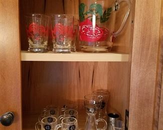 Vintage rooster juice glasses, tomato juice pitcher (works for other juices....just sayin'!) shot glasses, etc.