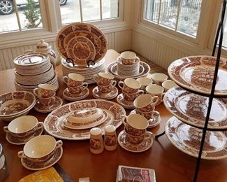 Set of Staffordshire dishes for 10+, with extras. 