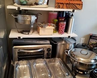 Chafing and serving dishes, large stock pot, etc.