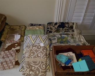 Fabric remnants, Fun gift boxes from Tiffany, Hermes, etc.
