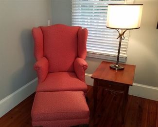 Comfy corner with reupholstered vintage chair and ottoman.  Table is Ethan Allen Cherry