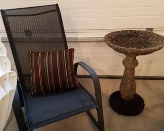 Cement bird bath, Rocking chair for patio/deck
