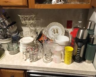 Assorted Kitchen treasures. Pyrex, StanleyThermoses, etc
