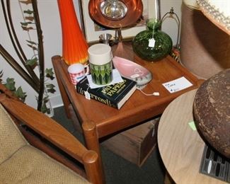 Domino Danish modern teak armchair and ottoman w/ matching end table