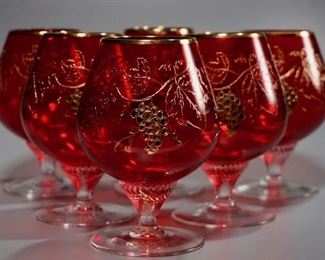 Lot 1  Ruby Red Italian Art Glass Brandy Snifters Gold Grape