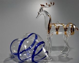 Lot 1B  Heart Deer Italian Art Glass Blown Christmas Ornaments