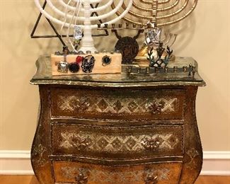 Side Table and Hanukkah Decor, Hanukkiahs