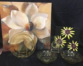 Yellow Glass Plates & Bowls and 2 Prints https://ctbids.com/#!/description/share/292098
