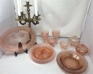 Pink Antique Depression Glass & Brass Candlelebra https://ctbids.com/#!/description/share/292099