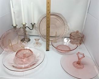 Pink Depression Glass & Candelabra https://ctbids.com/#!/description/share/292100