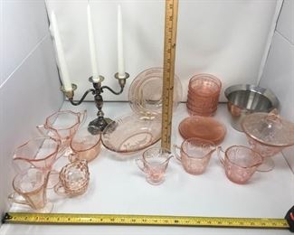 Pink Depression glass, Silver Candelabra & Silver Bowl https://ctbids.com/#!/description/share/292101