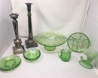 Green Depression Glass & Silver Candlestick Holders https://ctbids.com/#!/description/share/292102