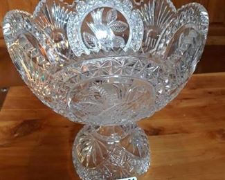Cut glass footed bowl with birds