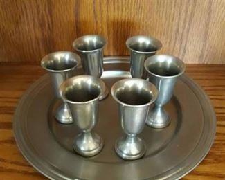 Pewter plate with 6 cups