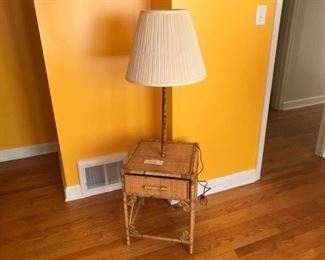 Bamboo and Wicker End Table with Built In Lamp