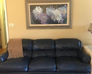 Beautiful Custom Leather Sofa, Recliner, and Ottoman. Notice the Gorgeous Oil Painting above the sofa. It was painted by Artist Frank Gee to match the coloring in the sofa, therefore one of a kind!