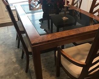 American of Martinsville dining table with 6 chairs.  Burled wood with glass inserts.  