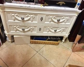 Vintage White Marble Top Low Console Table or Night Table w/Drawers
