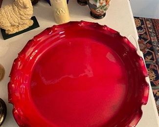 Very Large Red Glaze Mitchell Shelton Ruffle Edge Pie Plate