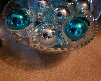 blue, ornaments, punch bowl, glasses, shiny