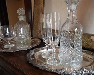 cut, crystal, silver, tray, decanter, glass