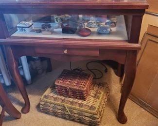 display table, curio table, trinket, basket, boxes, silver, ink