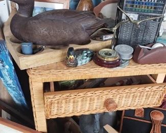 duck, decoy, side table, wicker