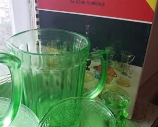 depression, glass, green, pitcher, book