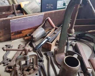 tools, antique, toolbox, book, saw, bulb planter, carpenter, handyman, collector