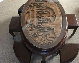 Carved table w/6 Stools