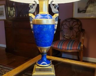 Cobalt glazed porcelain table lamp with black Jasperware winged female figures and gilt decoration