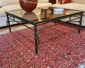 Metal and glass coffee table, appr. 48 inches square